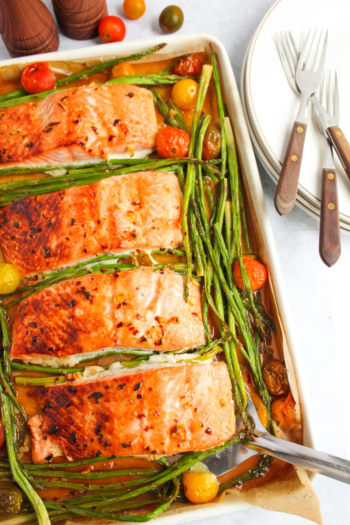 One Pan Honey Glazed Salmon With Asparagus